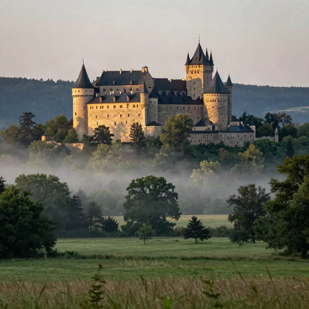 Karlštejn nad zamlženým údolím ve zlaté hodině, široký pohled s klidným prostorem dole.